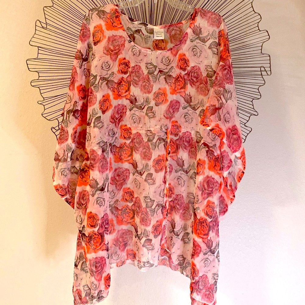 California Woman Popover Tunic Swim Coverup Pink & Orange Free Size